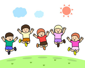 大勢の子供たち　ジャンプセット　原っぱ