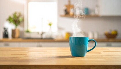 Fototapeta premium A modern home kitchen or café scene featuring a solid-colored coffee cup on a wooden table or countertop.