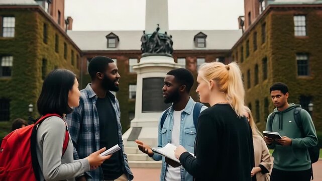 Campus Gathering: Students Discussing Studies Near Landmark