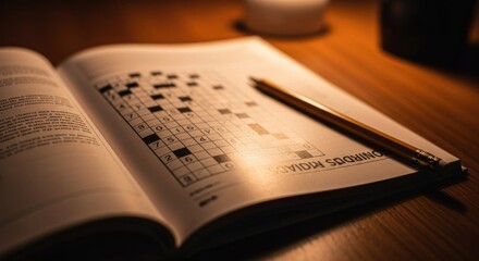 Open book, crossword puzzle, warm light