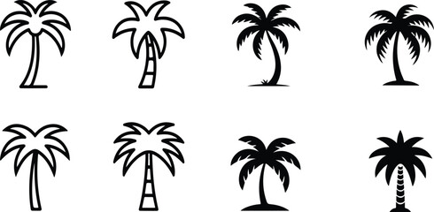 Icon set featuring various palm tree silhouettes for design and decoration purposes with on white background