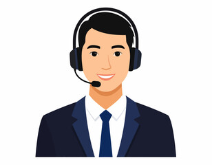 A friendly man in a suit wearing a headset with a microphone, ready to assist. This vector illustration represents a professional customer service agent, call center operator, or online support.