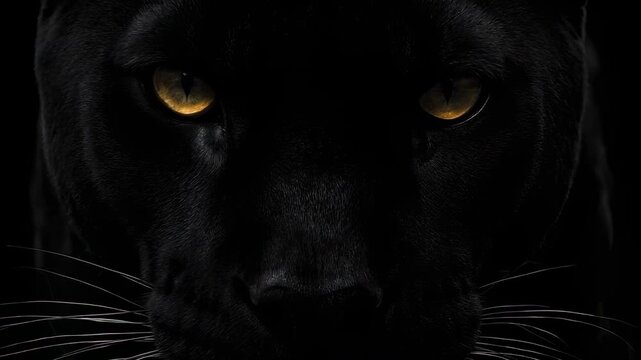 Intense close-up of majestic black panther's face with piercing golden eyes in a dark and mysterious setting.