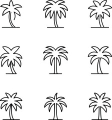 Icon set featuring various palm tree silhouettes for design and decoration purposes with on white background