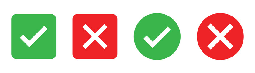 Checkmark x mark icon. Green checkmark and red x sign. Correct error vector symbol isolated on white background. Vote checkmark in circle and square box. © MASUM123