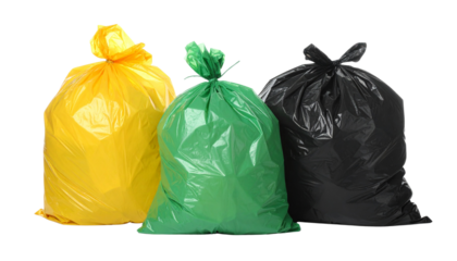 Collection of three vibrant yellow, green, and black plastic garbage bags, full of household waste, highlighting proper disposal and environmental sustainability efforts