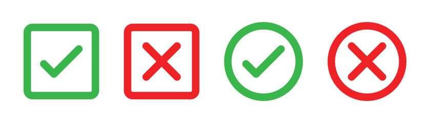 Checkmark x mark icon. Green checkmark and red x sign. Correct error vector symbol isolated on white background. Vote checkmark in circle and square box. 