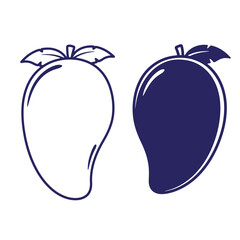 Two stylized outlines of mango fruits in black and white with leafy stems