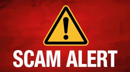 Be aware with this urgent scam alert warning sign for fraud prevention on a textured red background