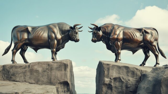 Powerful bronze bull statues facing off on rocky outcrops symbolize market strength and financial competition