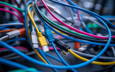 Tangled colorful computer network cables and connectors close up