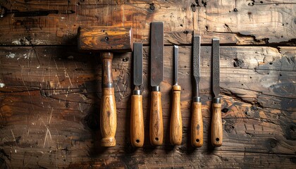 Vintage woodworking tools on weathered wooden workbench