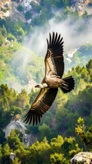 Majestic vulture in flight over a verdant, mountainous landscape