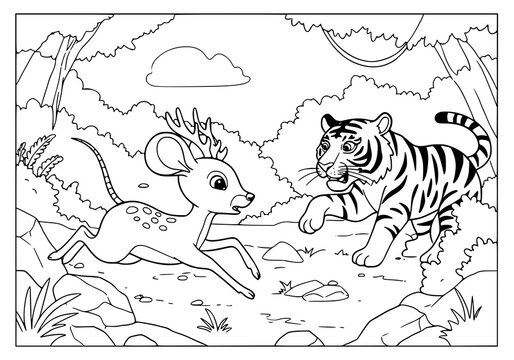 Kancil running fast to escape from a tiger, coloring page for kids.