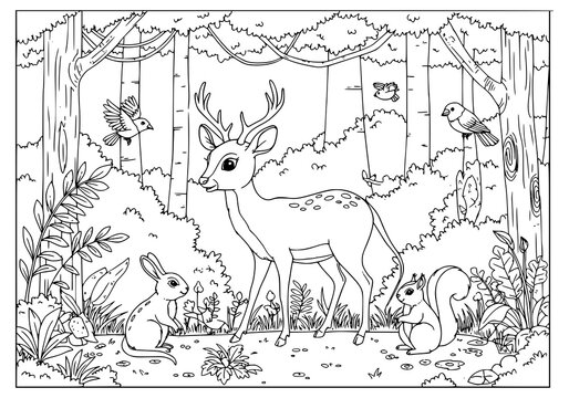 Kancil talking with a group of forest animals (rabbit, squirrel, and birds), simple bold line art, black and white, white background, no color, no shading, coloring page for kids.