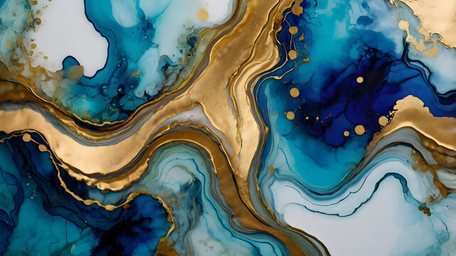 Abstract alcohol ink art, flowing blue and gold layers, elegant luxurious design.