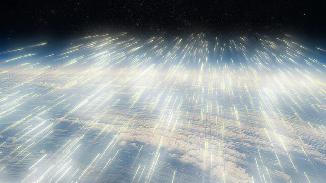 Futuristic missiles launching into space from Earth

Dozens of glowing futuristic projectiles rise from Earth&rsquo;s surface, streaking upward through the atmosphere toward the star-filled void of space.
