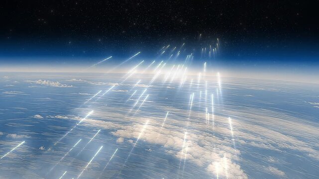 Futuristic missiles launching into space from Earth

Dozens of glowing futuristic projectiles rise from Earth&rsquo;s surface, streaking upward through the atmosphere toward the star-filled void of space.
