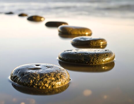 Smooth, dark stones partially submerged in shallow, calm water, forming a gentle curve towards the horizon at sunset