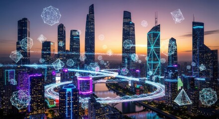 Futuristic cityscape with digital network overlay at sunset