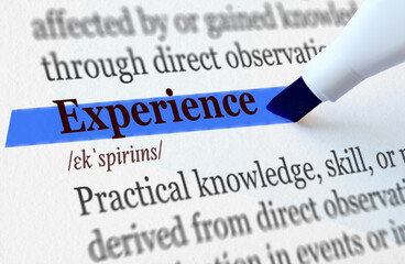 the definition of the word EXPERIENCE highlighted in blue