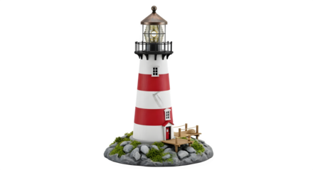 Illuminated lighthouse model isolated on transparent background, a charming nautical decoration with red and white stripes, perfect for coastal themes