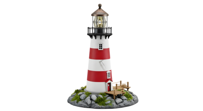 Illuminated lighthouse model isolated on transparent background, a charming nautical decoration with red and white stripes, perfect for coastal themes