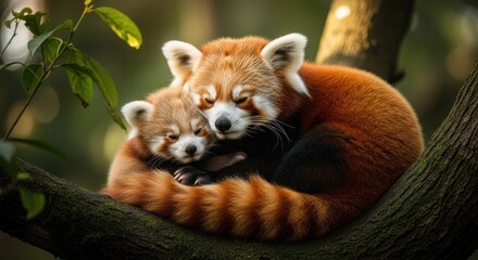 Naklejka premium Two red pandas cuddling on a branch. Close-up of a mother and baby red panda, nestled together, tails intertwined. Sunlight filters through the trees