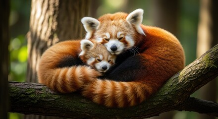 Two red pandas nestled close, a mother and baby, resting on a tree branch in a lush forest.  Warm light bathes the pair