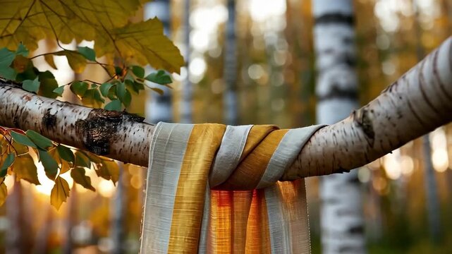 Striped scarf draped on a birch tree branch in a sunlit forest, nature scene.