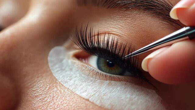 Eyelash extension procedure. Close-up of eye with long lashes and tweezers.