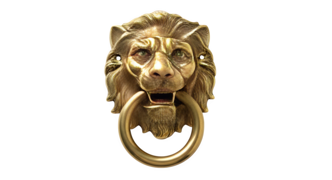 Antique brass lion head door knocker isolated on transparent background, featuring intricate details and a regal expression, a symbol of strength and protection