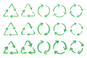 Fototapeta premium Set of hand drawn recycle arrow icon Recycling resources symbol Reuse of materials, zero waste, green environment, saving the planet