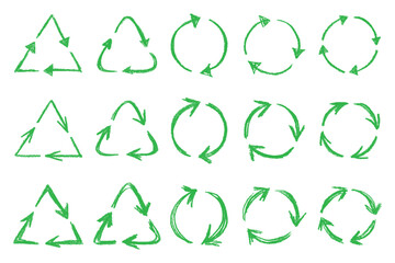 Obraz premium Set of hand drawn recycle arrow icon Recycling resources symbol Reuse of materials, zero waste, green environment, saving the planet
