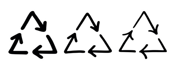 Set of hand drawn recycle arrow icon Recycling resources symbol Reuse of materials, zero waste, green environment, saving the planet