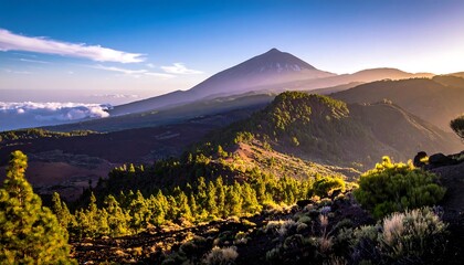 Obraz premium Volcanic mountain range at sunset. Lush vegetation