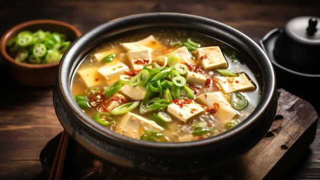 Authentic sundubu jjigae with tofu and chili

