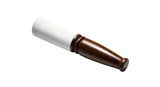 Isolated on transparent background, a singing bowl striker with a white padded end and a dark brown wooden handle, used to produce sound