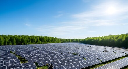 Vast solar farm under a bright sun and blue sky, generating clean energy from renewable resources