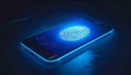 Smartphone authentication with fingerprint scanner on dark background, Modern mobile security using biometric identification system displayed on a glowing screen