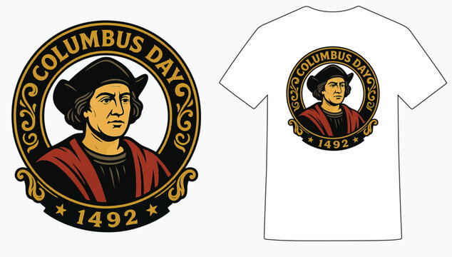 Columbus Day Vintage Portrait Badge T-Shirt, Retro Explorer Columbus Emblem T-Shirt, Classic 1492 Portrait Columbus T-Shirt, Heritage Columbus Day Badge T-Shirt