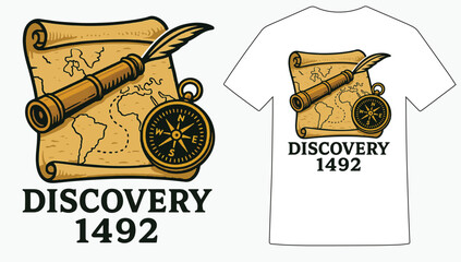 Columbus Day Map Spyglass T-Shirt, Explorer Spyglass Map Columbus T-Shirt, 1492 Discovery Map T-Shirt, Vintage Columbus Day Navigation T-Shirt
