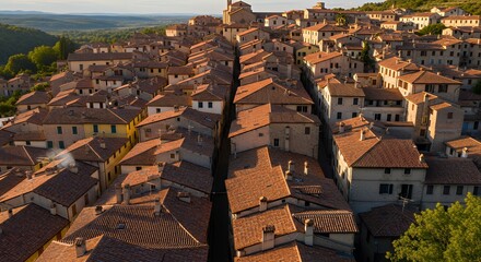 Aerial view of a charming italian village with terracotta rooftops at dusk