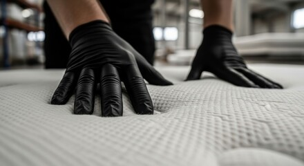 Close-up of hands in black gloves examining a mattress
