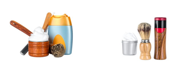 Two shaving brush and foam set variations bundle isolated on transparent background