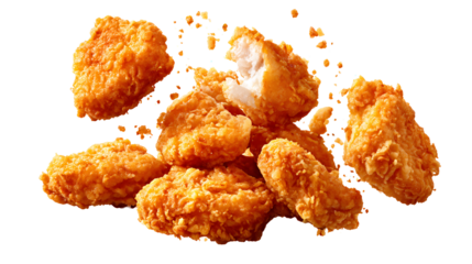 Deliciously Crispy shaking Flaying fried chicken nuggets isolated on transparent background Remove png, Clipping Path