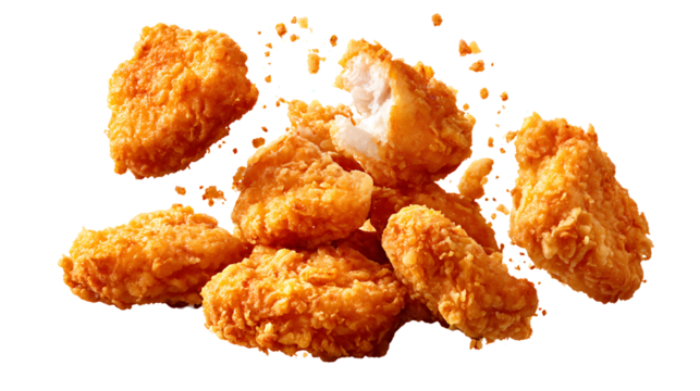 Deliciously Crispy shaking Flaying fried chicken nuggets isolated on transparent background Remove png, Clipping Path