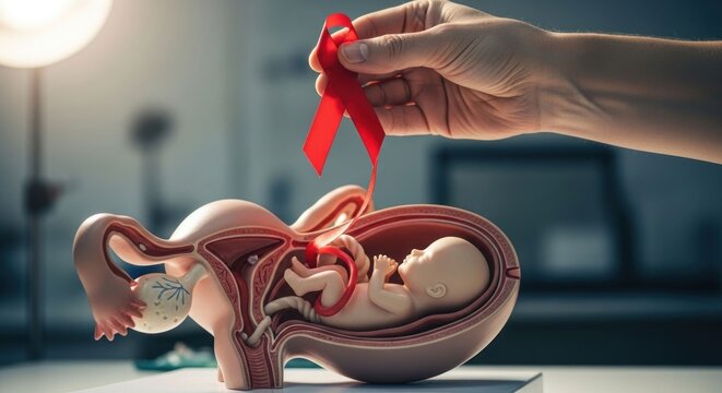 Hand places red ribbon on anatomical model of a pregnant uterus - Powered by Adobe