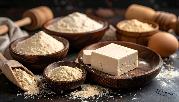 Wooden bowls of various flours and a block of yeast on a dark surface