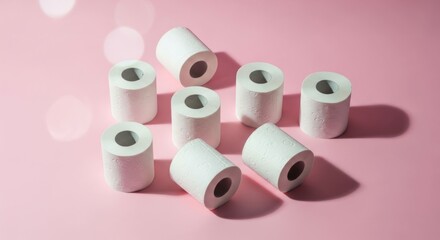 Nine white toilet paper rolls arranged on a pink surface